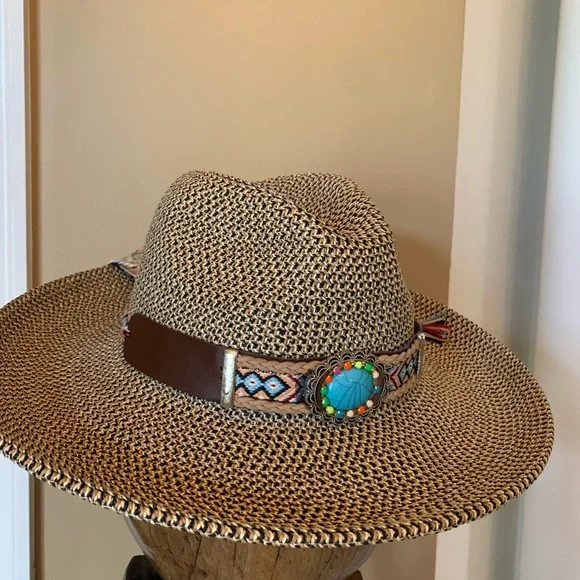 NWT COOL FASHION Brand Brown and tan adjustable hat w turquoise multi stone band - Picture 3 of 11